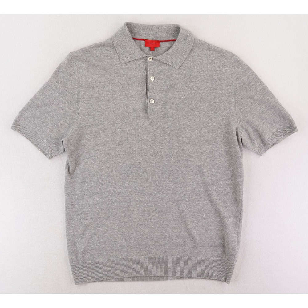 Isaia Polo Shirt Mens Medium M Gray Cotton Linen Slub Knit Short Sleeve Italy